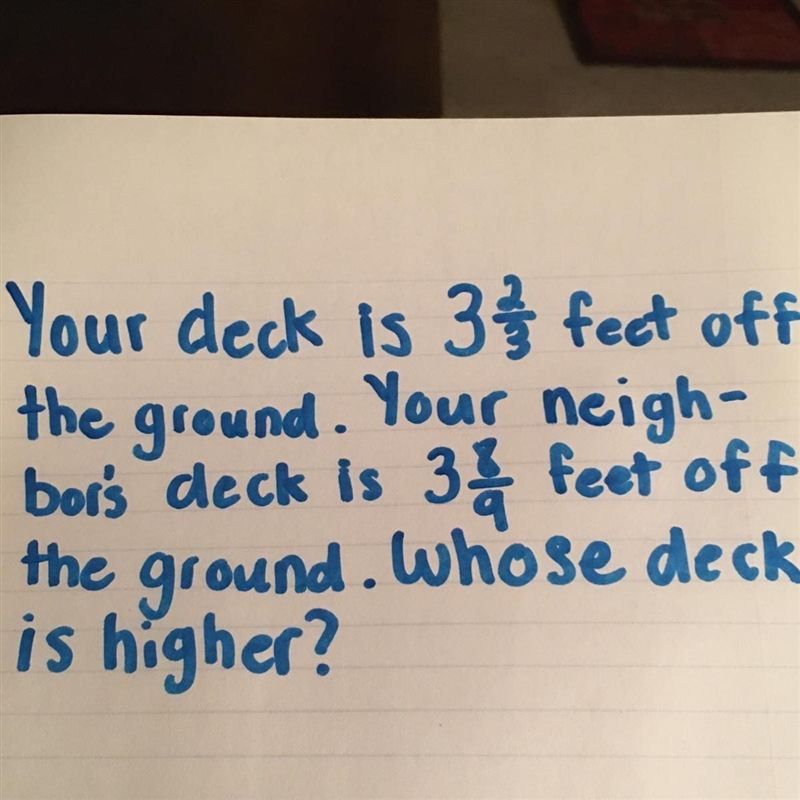 Your deck is 3 2/3 feet off the ground. Your neigh- bors deck is 3 8/9 feet off the-example-1