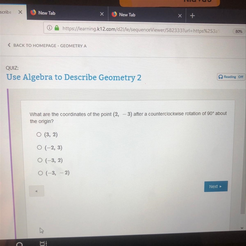 What are the coordinates of the points (2,-3) after a counter clockwise rotation of-example-1