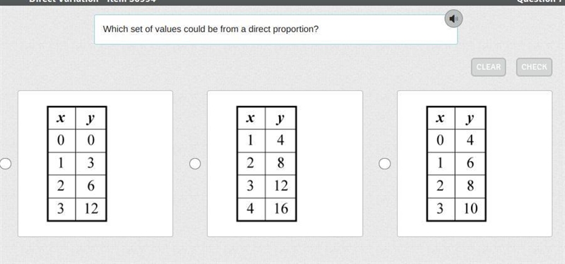 Which set of values could be from a direct proportion?-example-1