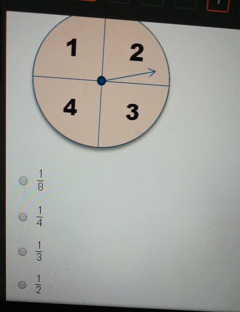 What is the probability of the spinner landing on 2? ik it's not 1/4 so don't try-example-1