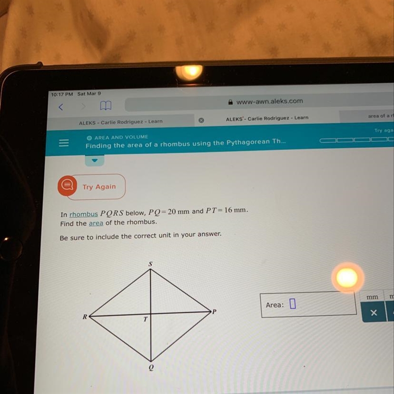 Find the area of the rhombus-example-1