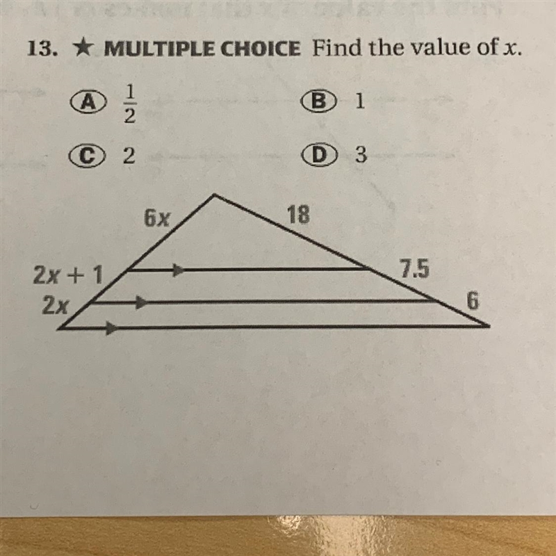 Find the value of x. a) 1/2 b) 1 c) 2 d) 3-example-1