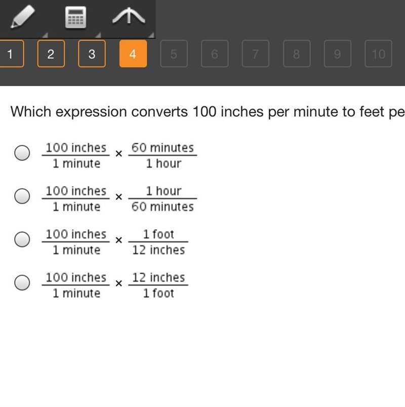 Which expression converts 100 inches per minute to feet per minute? × × × ×-example-1