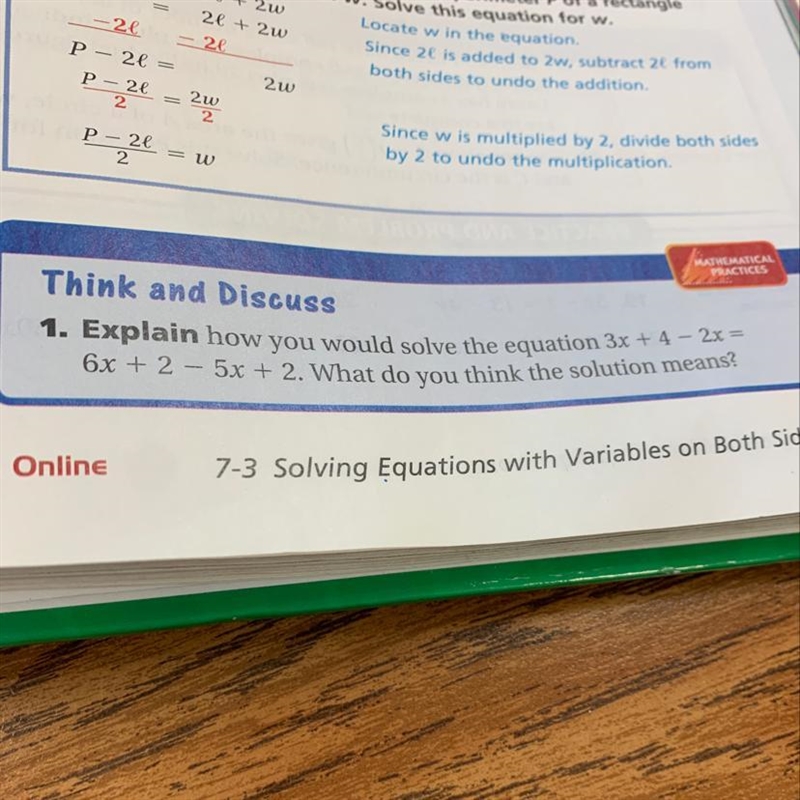 Explain how you would solve the equation 3x + 4 - 2x = 6x + 2 - 5x + 2-example-1