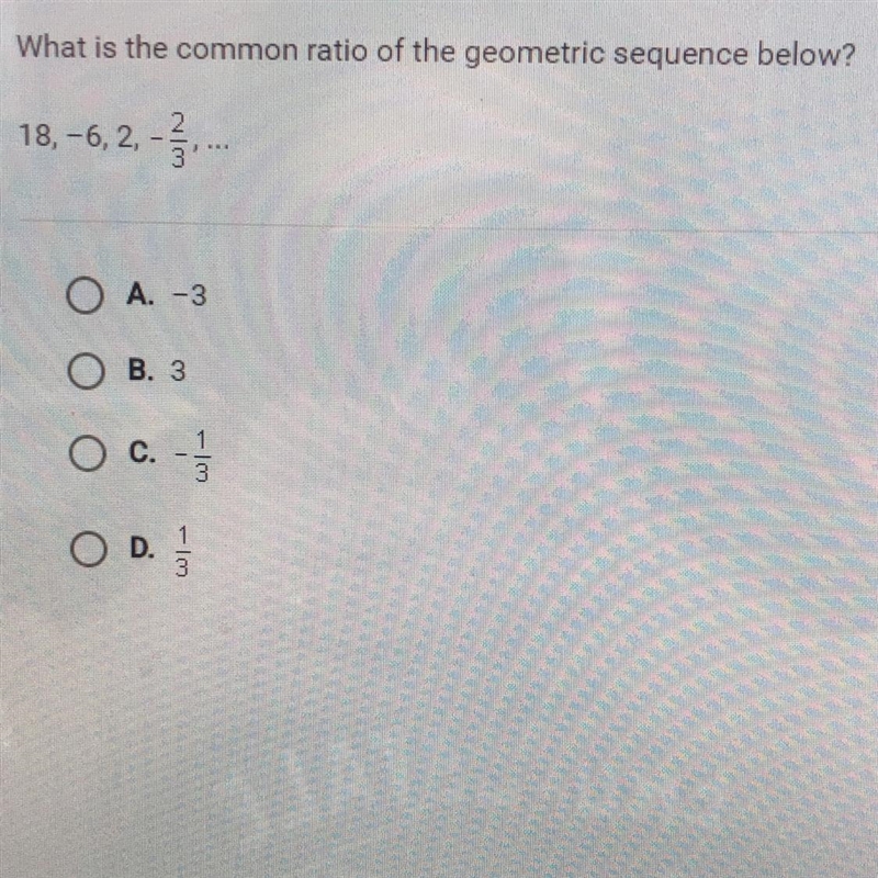 What is the common ratio of the geometric sequence below?-example-1