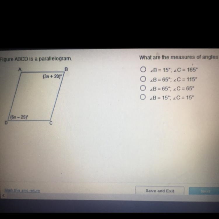 Figure ABCD is a parallelogram what are the measures of angles B and D?-example-1