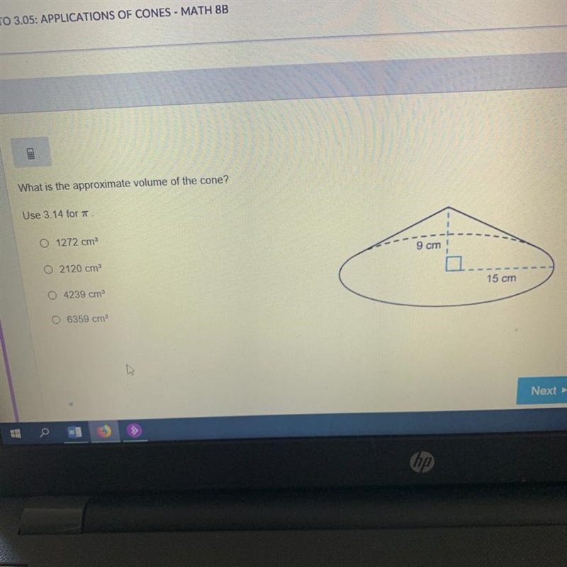 What is the approximate volume of the cone-example-1