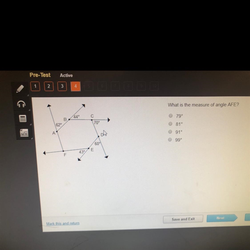 What is the measure of angle AFE? 79 81 91 99-example-1