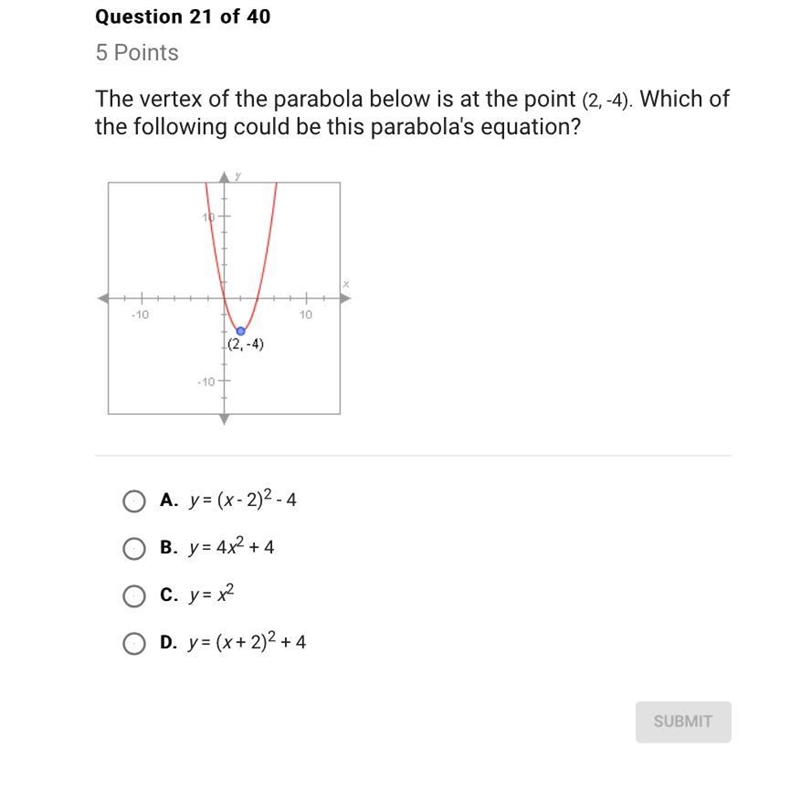 the vertex of the parabola is at the point (2,-4). Which of the following could be-example-1