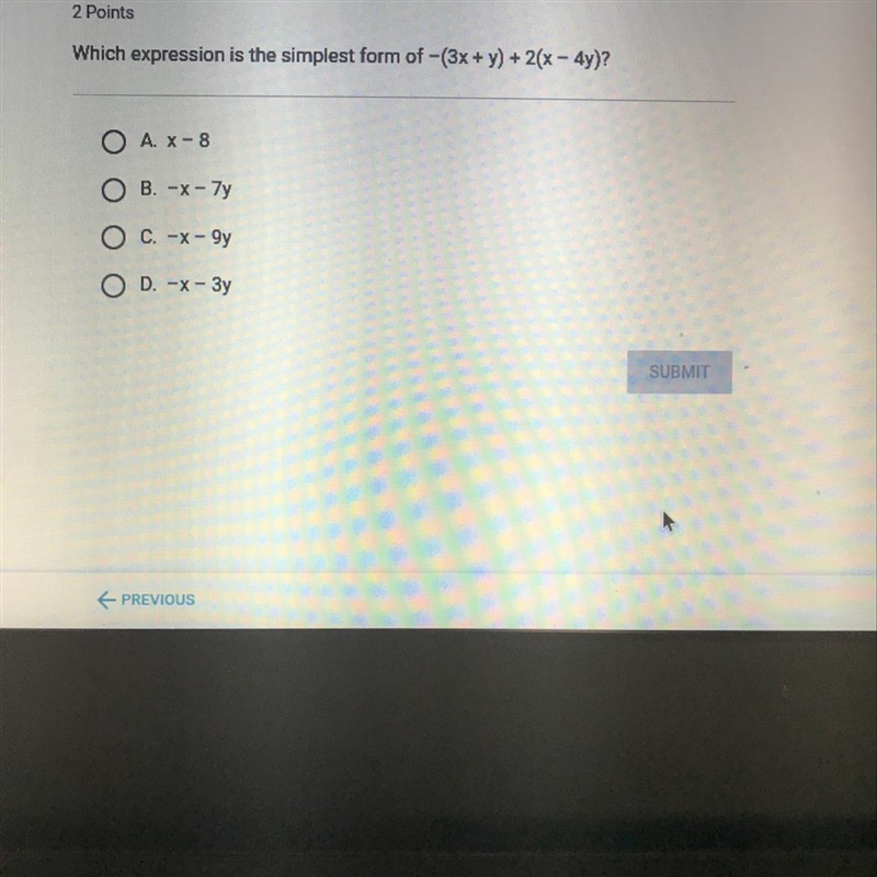 Which expression is the simplest form of -(3x+y)+2x-4y)?-example-1