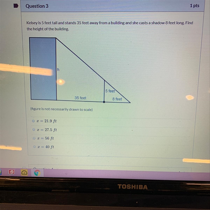 Kelsey is 5 feet tall and stands 35 feet away from the building and she cast a shadow-example-1