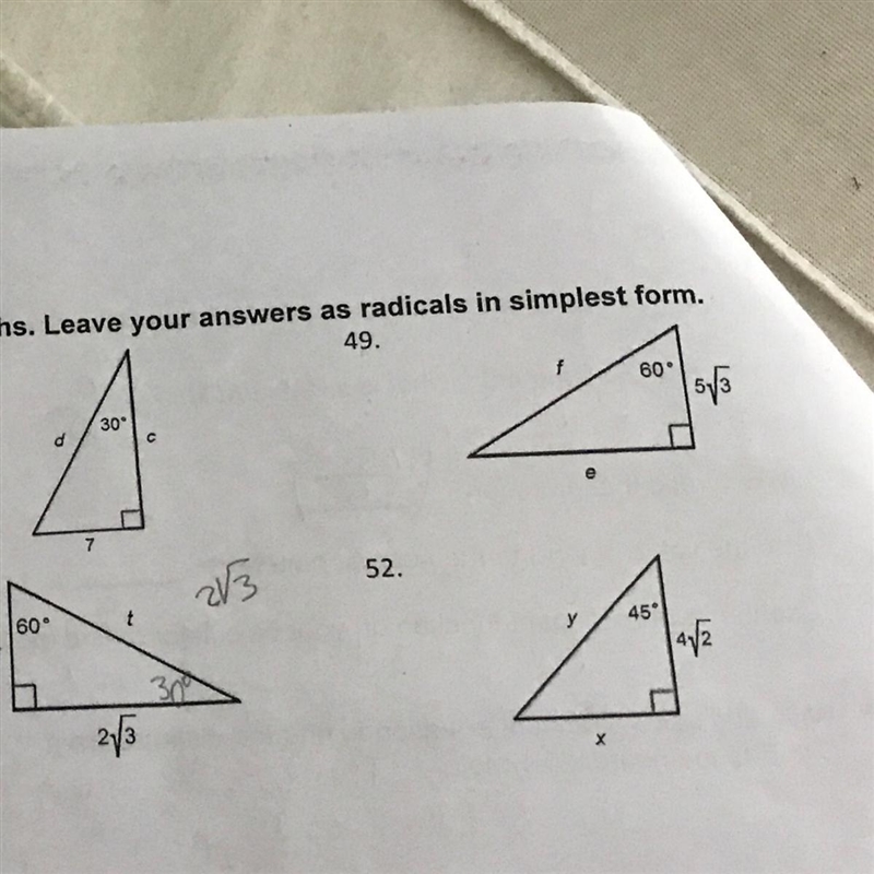 For each figure, find the missing side lengths. leave your answer as radicals in simplest-example-1