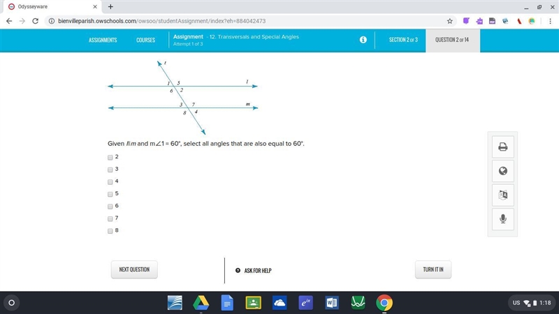 Given l||m and m∠1 = 60°, select all angles that are also equal to 60°. you can choose-example-1