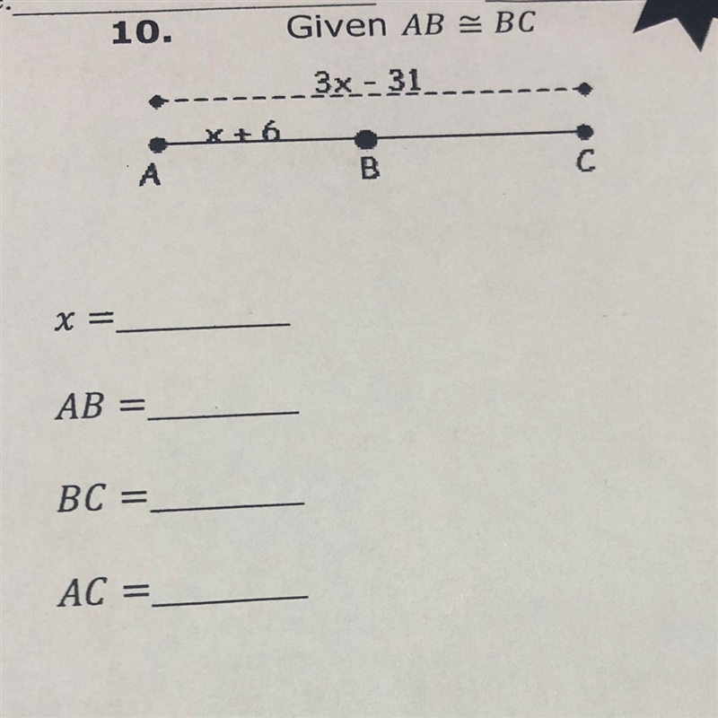 Given AB= BC FINDIND X= AB= BC= AC=-example-1