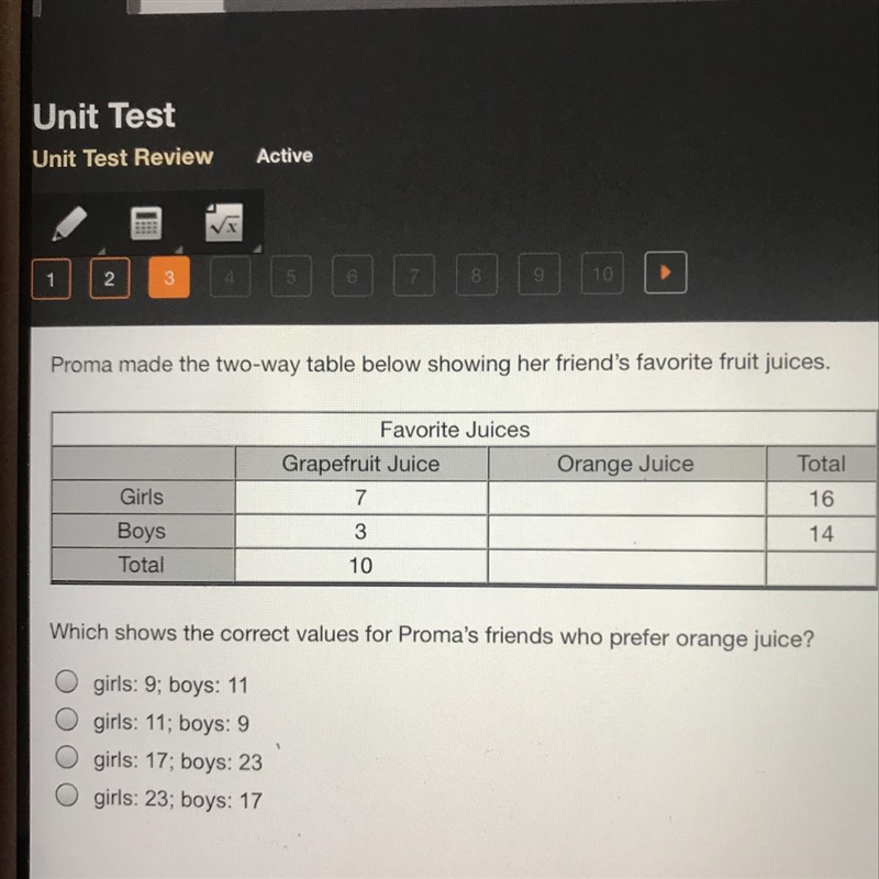 Which shows the correct values for proma’s friends who prefer orange juice ?-example-1