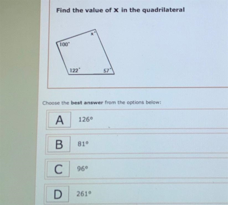 Find the value of X in the quadrilateral. (Picture)-example-1