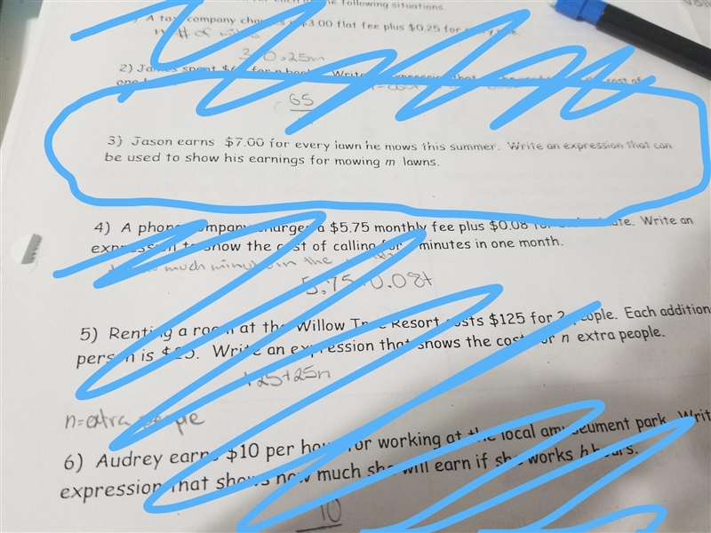 Jason earns $7 for every lawn he mows this summer. Write an expression that can be-example-1