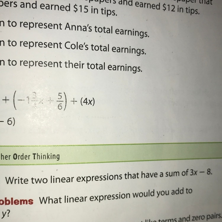 Help! Write two expression that have a sum of 3x-8-example-1