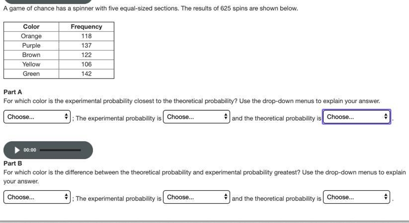 Part A 1st choose box - brown, purple, green, yellow, orange 2nd choose box - 18.88%, 27.72%, 21.92%, 19.52% 3rd-example-1