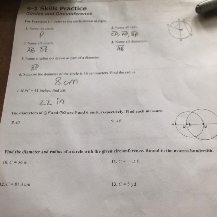 The diameters of F and G are 5 and 6 units, respectively. Find each measure. 8. BF-example-1