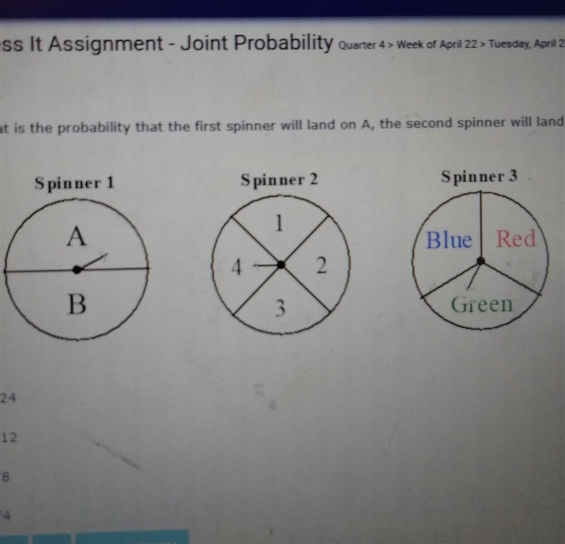 what is the probability that the first spiner will land on A, the second spinner will-example-1