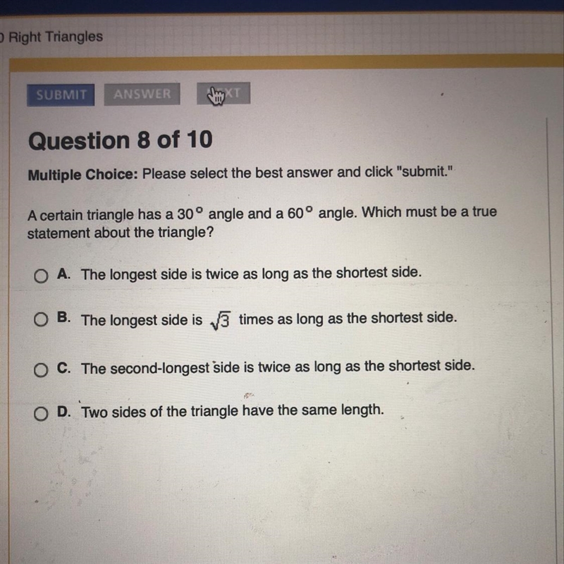 A certain triangle has a 30 angle and a 60 angle.-example-1