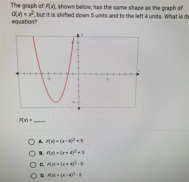 the graph of f(x) shown below has the same shape as the graph of g(x)=x^2 but is shifted-example-1