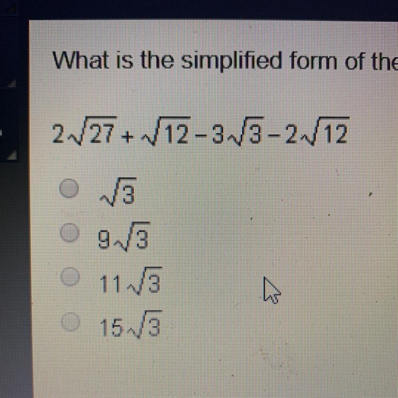 What is the simplified form of the following expression 2sqrt27 + sqrt12-3sqrt3-2sqrt-example-1