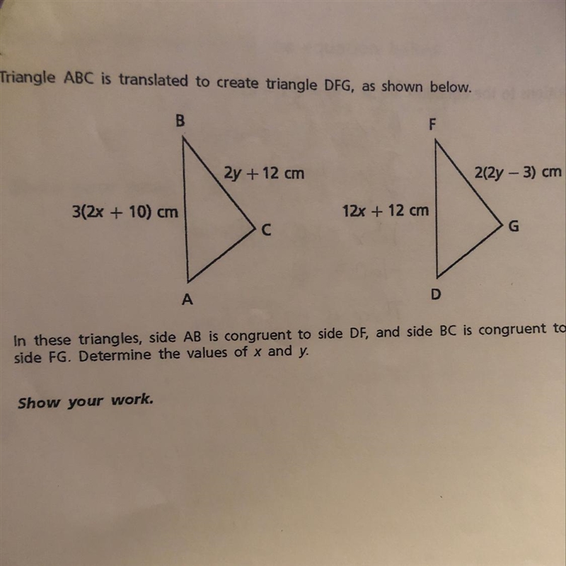 In these triangles, side AB is congruent to ide DF, and see is congruent to side FG-example-1