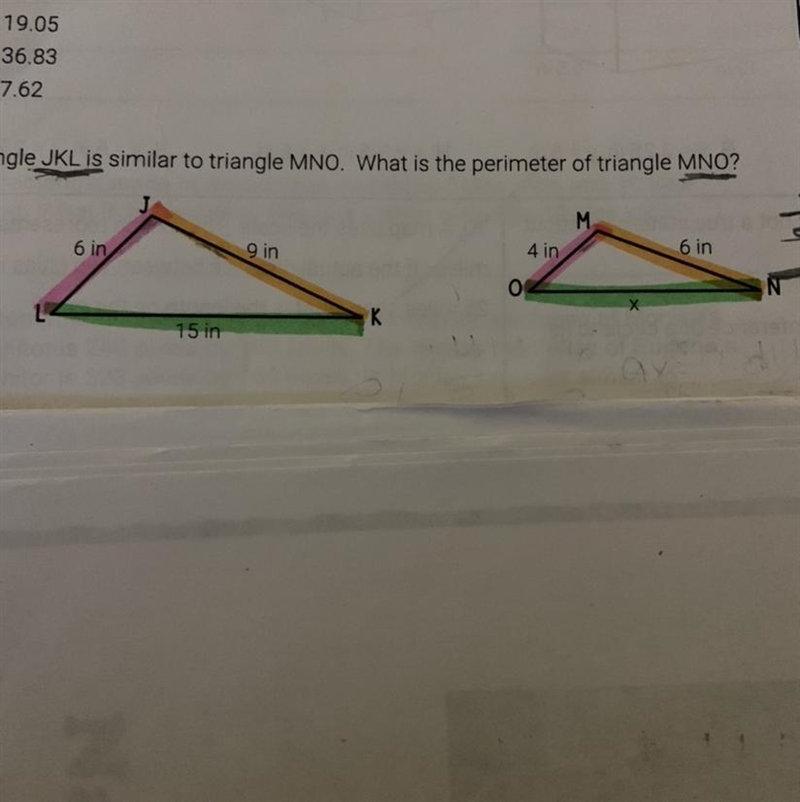 Triangle JKL is similar to triangle MNO.What is the perimeter of triangle MNO?-example-1