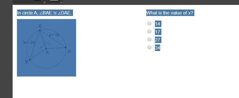 In circle A, ∠BAE ≅ ∠DAE. Circle A is shown. Line segments A B, A E, and A D are radii-example-1