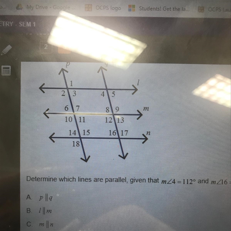 Determine which lines are parallel, given that angle 4= 112 and angle 16=68-example-1