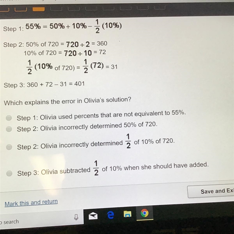 Olivia uses the work below to determine 55% of 720 which explains the error in Olivia-example-1