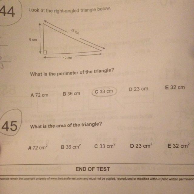 Is the area of the triangle: 72cm2, 36cm2, 33cm2, 23cm2 or 32cm2?-example-1