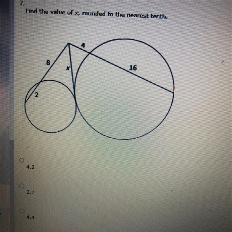 Find the value of x, rounded to the nearest tenth. Answer options: 4.2, 3.7, 4.4, 8.9-example-1