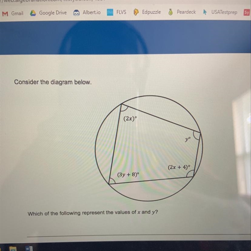 Consider the diagram below. Which of the following represents the values of x and-example-1