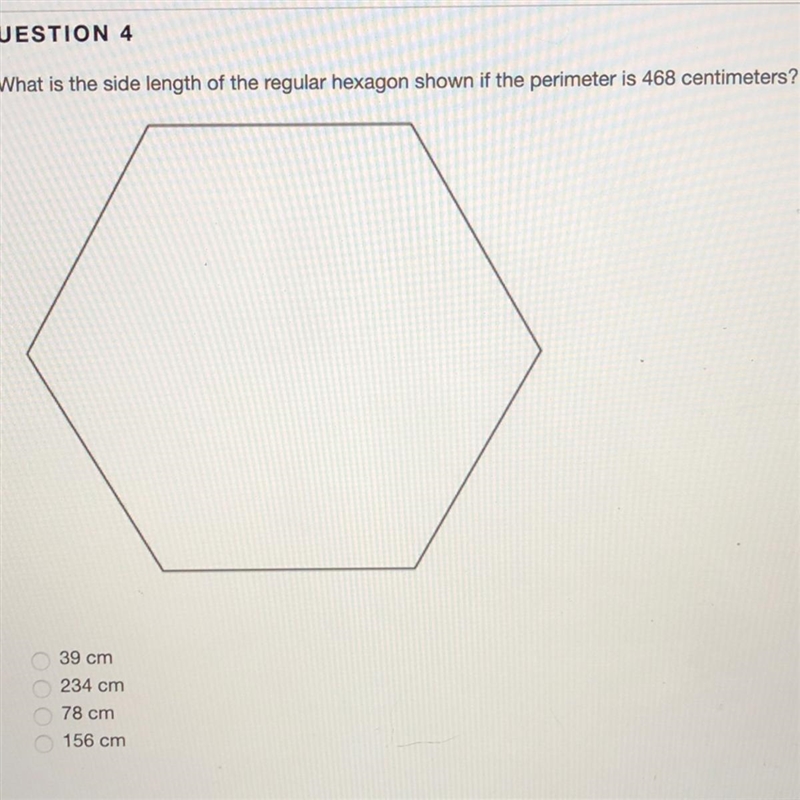 What is the side length of the regular hexagon shown if the perimeter is 468 centimeters-example-1