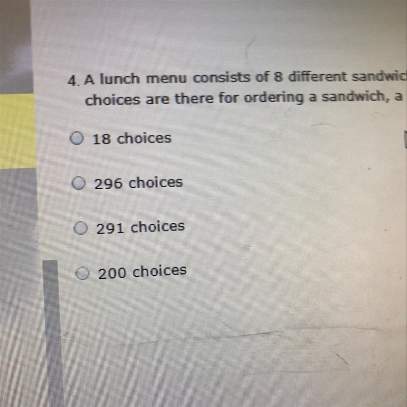 A lunch menu consists of 8 different sandwiches, 5 different soups, and 5 different-example-1