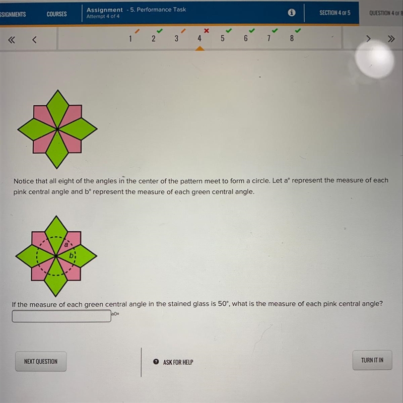 If the measure of each green central angle in the stained glass is 50 what is the-example-1