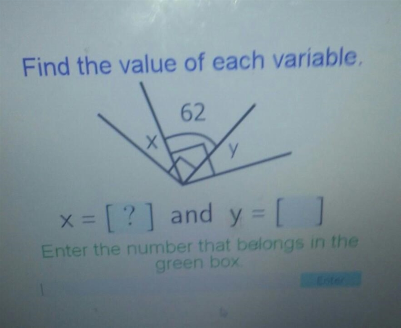 Find the value of each variable. x = [?] and y = [ ] Enter the number that belongs-example-1