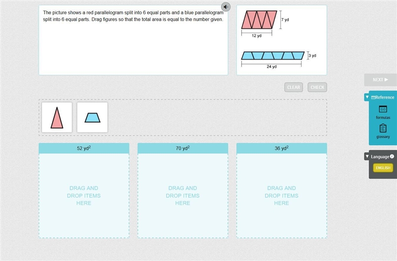 The picture shows a red parallelogram split into 6 equal parts and a blue parallelogram-example-1