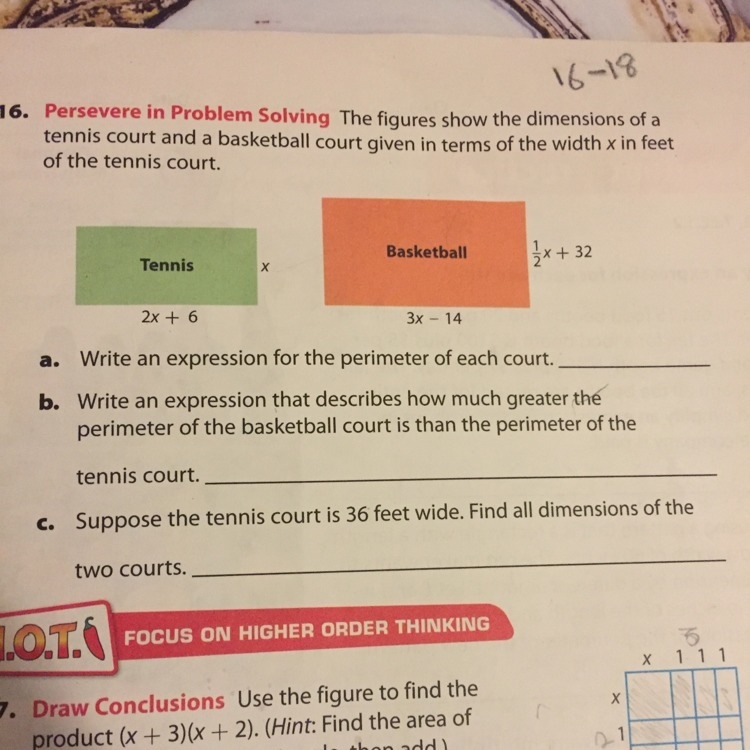 The figures show the dimensions of a tennis court and a basketball court given in-example-1