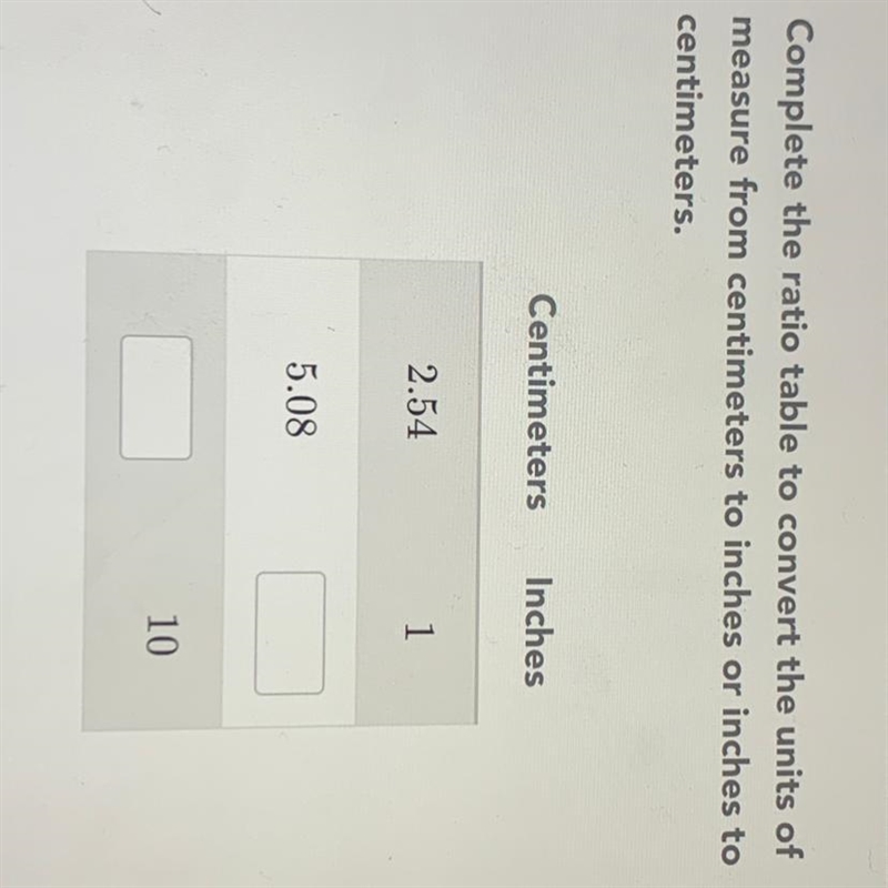 Complete the ratio table to convert the units of measure from centimeters to inches-example-1