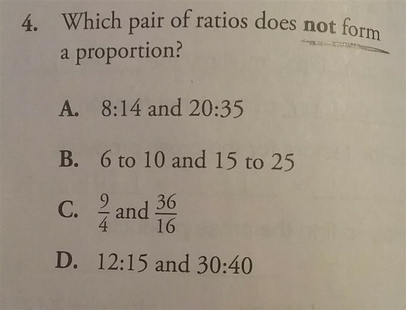 Which pair of ratios does not form a proportion?​-example-1