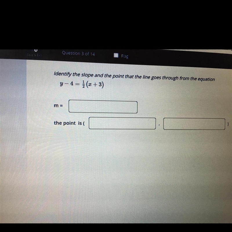 Identify the slope and the point that the line goes through from the equation-example-1