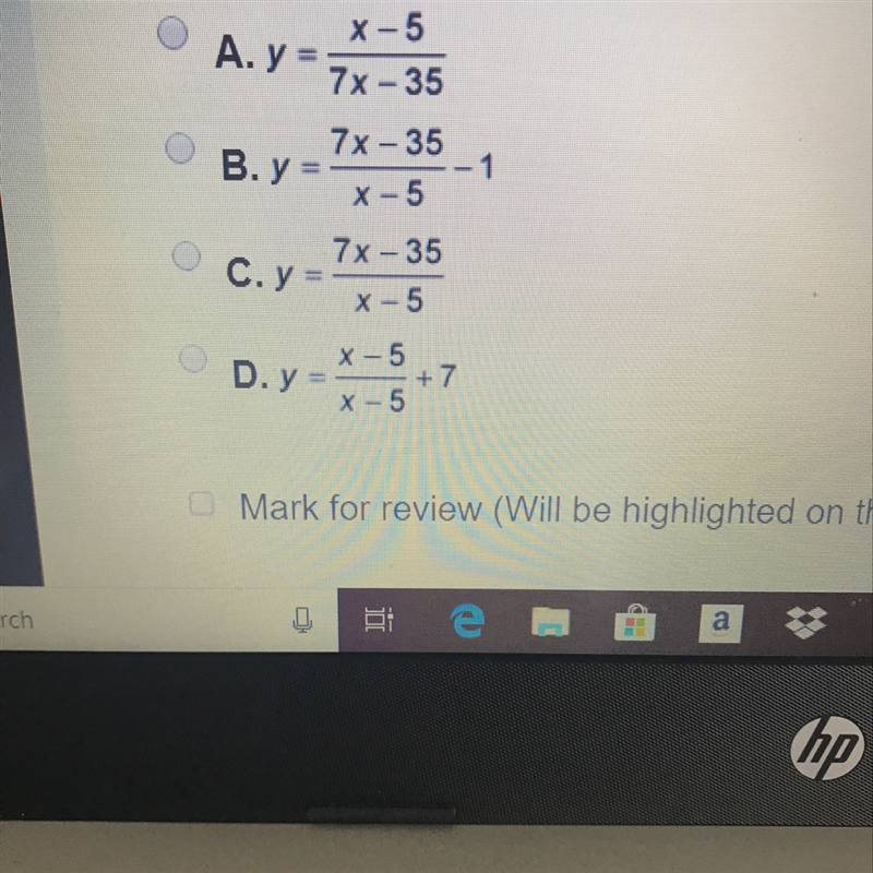 Which equation of a rational function has a hole at x=5 and a y-intercept at (0,7)?-example-1