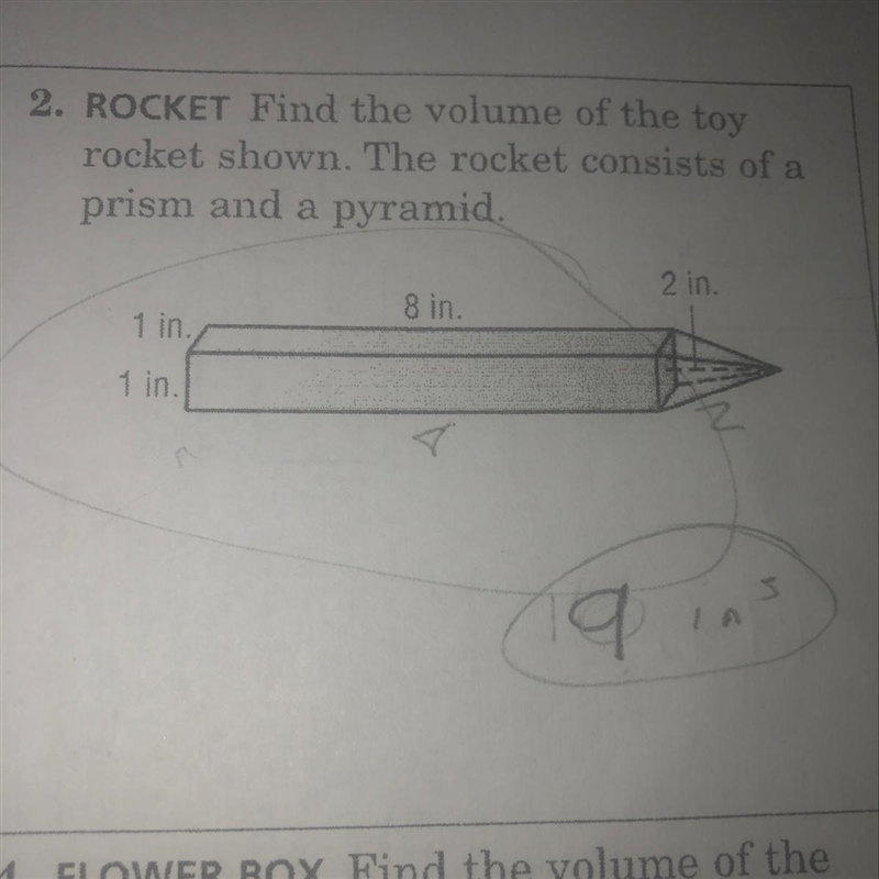 Find the volume of the toy rocket shown. The rocket consists of a prism and a pyramid-example-1