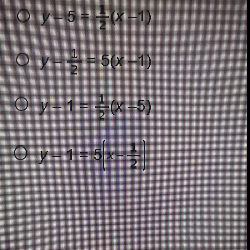 Which equation represents a line that passes through (5,1) and has a slope of 1/2?-example-1