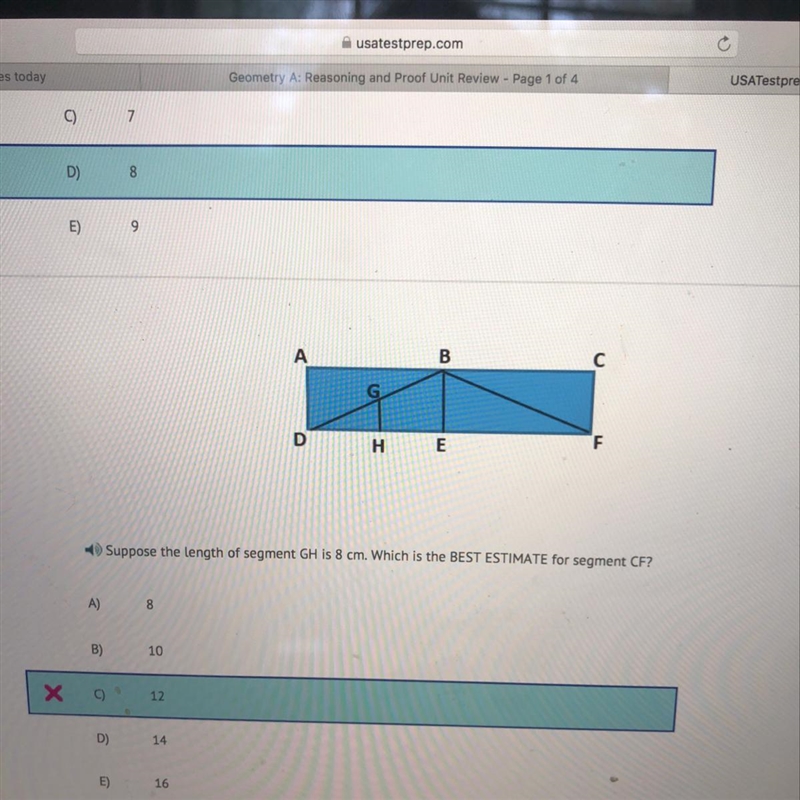 Suppose the link of a segment GH is 8 cm which is the best estimate for segment CF-example-1