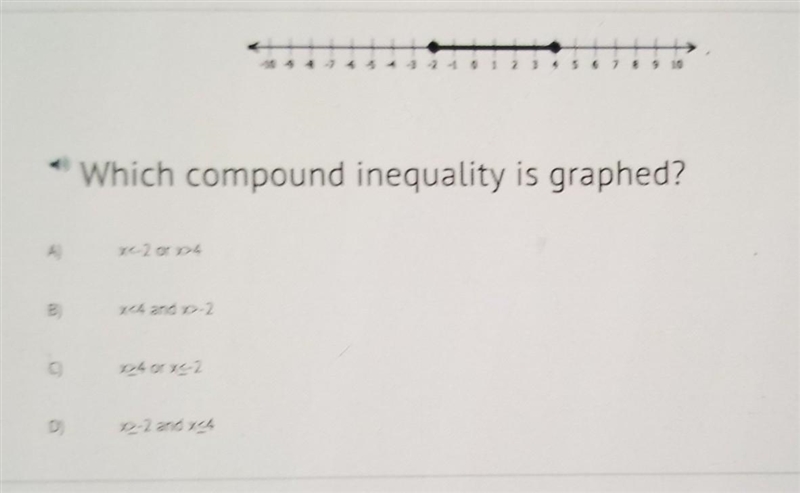 Which compound inequality is graphed? X<-2 or x>4 x<4 and x>-2 X24 or-example-1